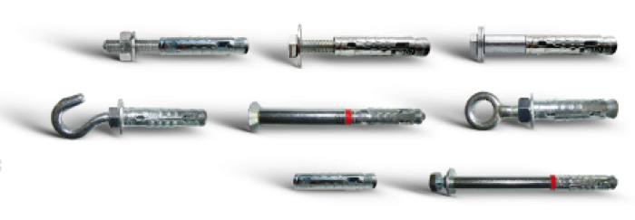 FBR Bossong anchors threaded inside with bolt, spacer, eye,hook, stud, flared head and no screwing FBR Bossong anchors threaded inside with bolt, spacer, eye,hook, stud, flared head and no screwing